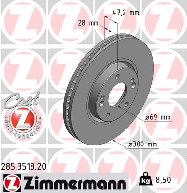 Диск гальмівний HYUNDAI TUCSON (JM) 2.0 2004.06- ZIMMERMANN (285.3518.20) Zimmermann фото 2