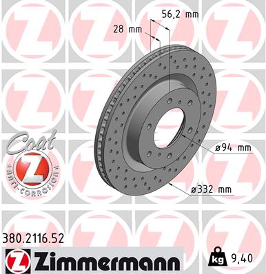 Диск тормозной SPORT Z ПЕРФОР-ЫЙ ВЕНТИЛ MITSUBISHI PAJERO IV (V8_W, V9_W) 3.8 20 ZIMMERMANN (380.2116.52) Zimmermann фото 2
