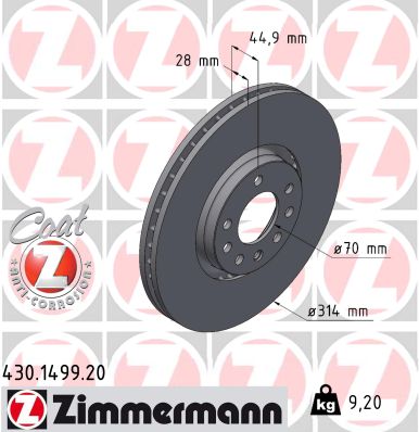 Диск гальмівний OPEL VECTRA C (Z02) 3.2 2002.04-2009.01 ZIMMERMANN (430.1499.20) Zimmermann фото 2