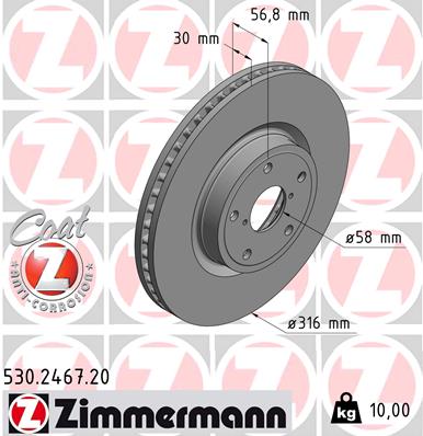 Диск гальмівний SUBARU OUTBACK (BS) 2.5 2014.10- ZIMMERMANN (530.2467.20) Zimmermann фото 2