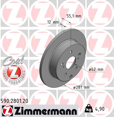 Диск гальмівний TOYOTA RAV 4 III (_A3_) 2.0 2005.06-2014.08 ZIMMERMANN (590.2801.20) Zimmermann фото 2