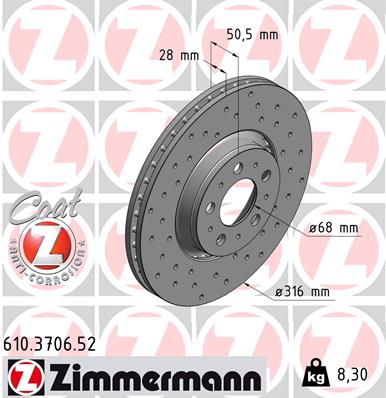 Диск гальмівний SPORT Z VOLVO XC90 I (275) 2.4 2002.06-2015.01 ZIMMANN (610.3706.52) Zimmermann фото 2