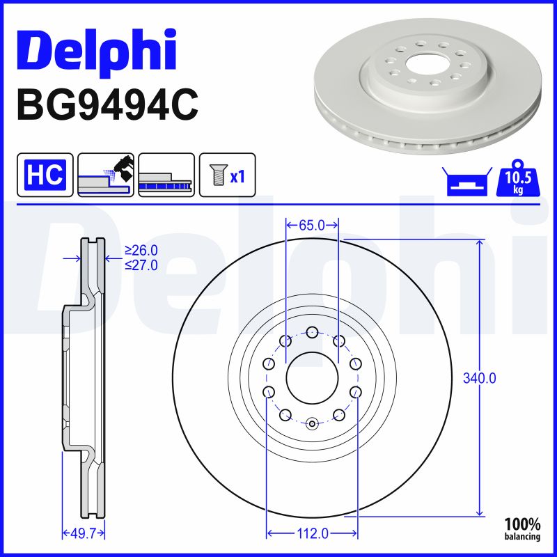 Диск гальмівний COATED BRAKE DISC (SINGLE) HC FSX1 DELPHI (BG9494C) Delphi фото 2